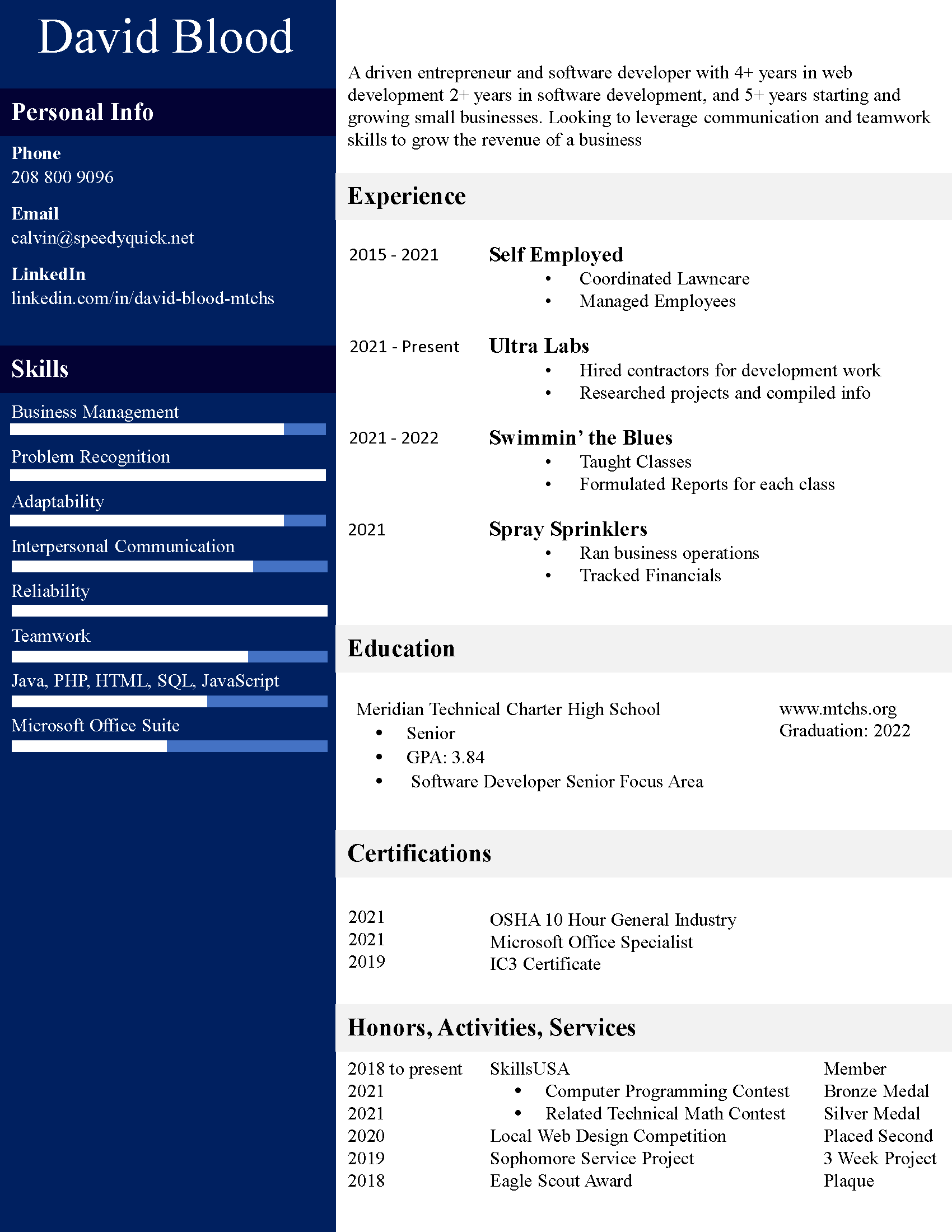 Calvin Blood Resume